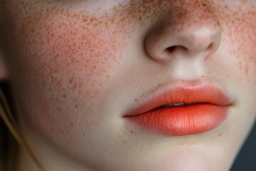 Fototapeta premium A woman with red hair and freckles has a bright red lip, generative ai image