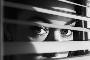 Black-and-white photograph of a woman with nail polish, peeking through blinds and capturing her curious expression
