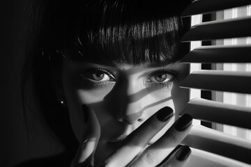 Black-and-white photograph of a woman with nail polish, peeking through blinds and looking at the camera
