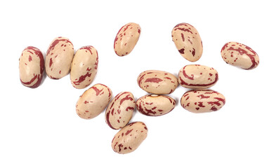 Colorful uncooked beans isolated on white, top view