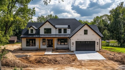 Modern Farmhouse Under Construction with Black Windows and Garage Door