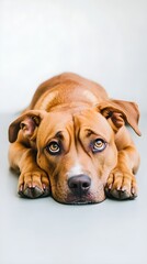 Obraz premium A Beabull dog lying comfortably on a light solid color surface, with its ears perked up, inviting interaction