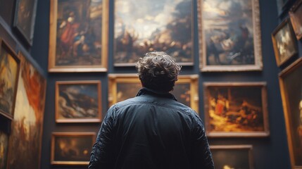 Obraz premium back of an adult museum-goer appreciating renaissance paintings in a traditional art gallery, surrounded by old museum interiors, enjoying classic artwork in a quiet and elegant space