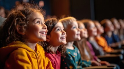 side view of a joyful children audience enjoying a kids concert with happy, smiling faces, capturing the excitement and fun of a performance, perfect for entertainment and young audience interactions