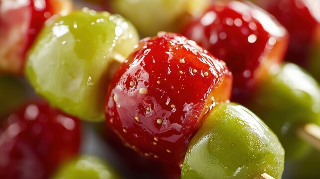 Delicious candied fruit skewers are waiting for the guests on the table