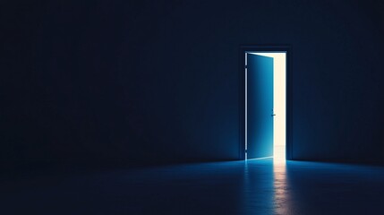 open door with glow light in blue room with copy space, opportunity concept