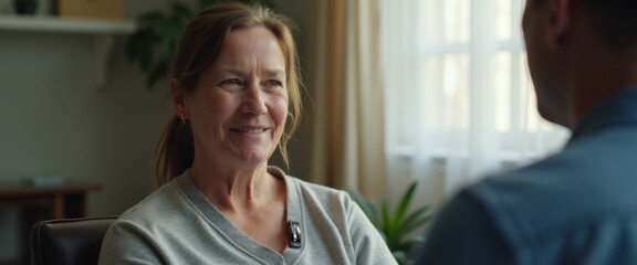 Obraz premium Hopeful Senior Patient Talking to a Healthcare Professional, Smiling, Cell Therapy, Biotech, Medical Research, Future Medicine, Age-related Improvement, Healthcare Progress, Health Technology