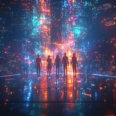 Silhouettes of five people stand together in a futuristic, neon-lit environment. The glowing lights create a sense of wonder and mystery.