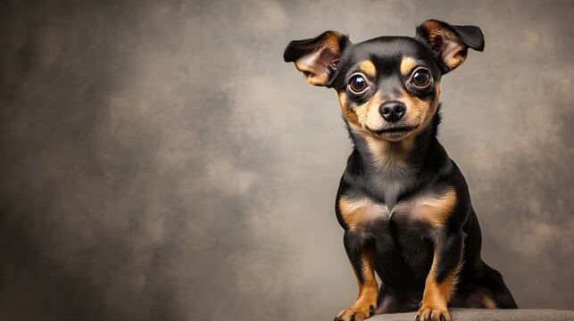 A playful Chiweenie dog sitting on a , showcasing its unique blend of Chihuahua and Dachshund features