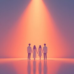Four figures stand back-to-back in a spotlight, bathed in warm light against a gradient background.