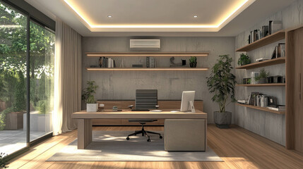 modern office interior featuring sleek wooden desk, ergonomic chair, and stylish shelving. space is bright and inviting, with natural light streaming in through large windows, creating productive