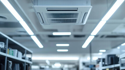 Efficient air conditioning unit installed in modern commercial space, providing comfort and cooling. sleek design complements contemporary interior