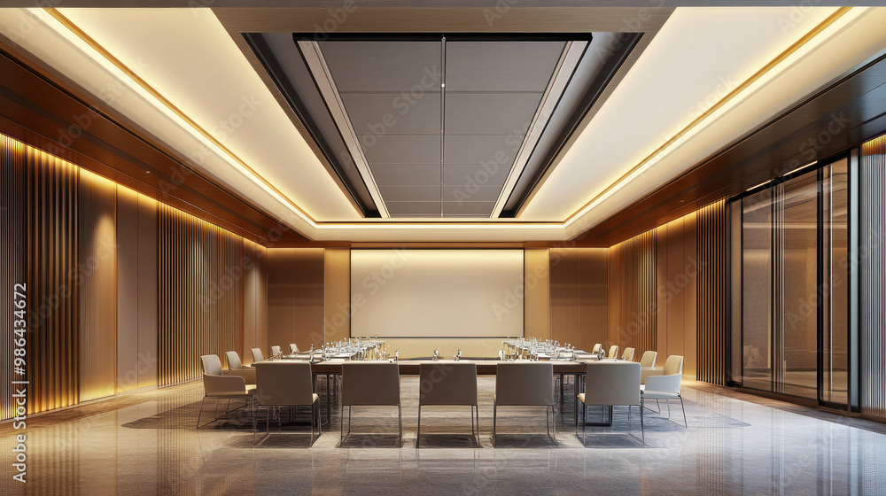 Poster modern conference room featuring large oval table surrounded by elegant chairs, illuminated by warm 