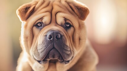 A close-up portrait of a Chow Pei dog with its distinctive wrinkled face and prominent eyes, captured against a soft pastel background