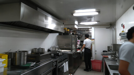 modern commercial kitchen featuring stainless steel appliances, cooking equipment, and chefs preparing food. organized space reflects busy culinary environment