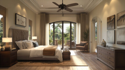 serene and elegant bedroom featuring large bed, wooden furniture, and beautiful view of palm trees through large windows. warm tones create cozy atmosphere