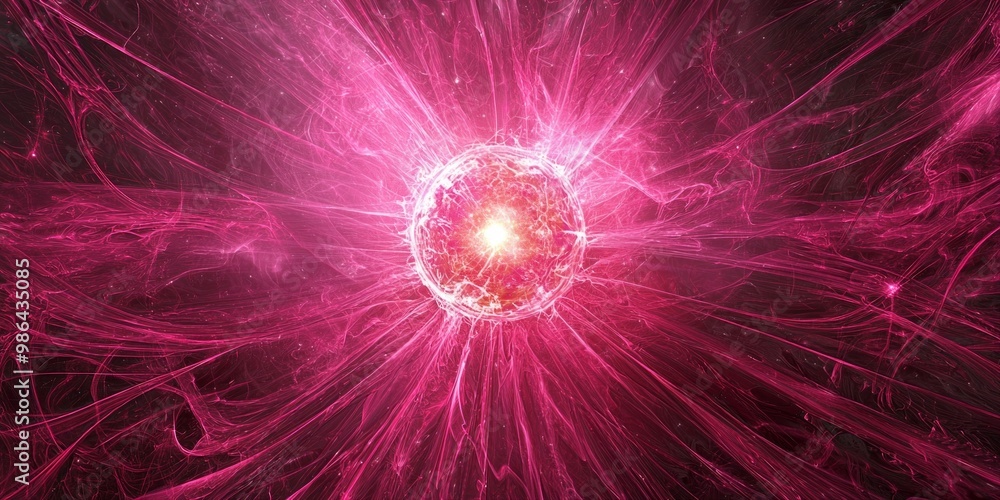 Poster bright pink particles burst outward from a luminous core, creating an enchanting wave of cosmic ener