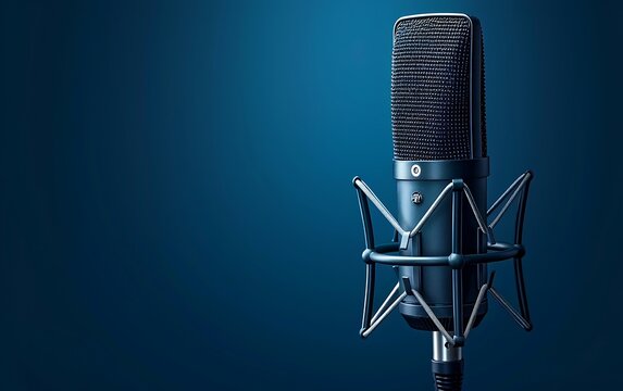 Professional condenser microphone on a blue background with copy space for text.