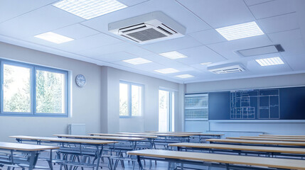 modern classroom featuring rows of wooden desks, large windows allowing natural light, and air conditioning unit on ceiling. chalkboard is visible, enhancing educational atmosphere