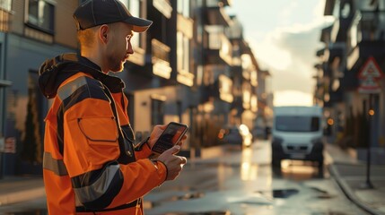 A delivery driver scanning a package with a handheld device in a commercial area.