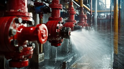 Industrial Mishap: Burst Valves in Fire Pump System, Spraying Water, Damaged Machinery, Empty Workplace