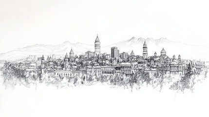 Fototapeta premium Tbilisi, Georgia, black and white pen pencil hand-drawn effect drawing illustration for travel poster, card, wallpaper, backdrop or banner. Modern, clear, artistic and simple
