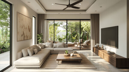 Fototapeta premium modern living room featuring spacious layout with large sectional sofa, wooden coffee table, and sleek TV unit. room is filled with natural light and greenery, creating serene atmosphere