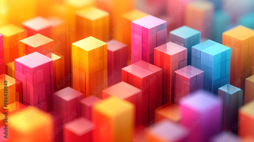 Poster colorful abstract blocks create a vibrant 3d landscape resembling a city skyline at dusk with a soft