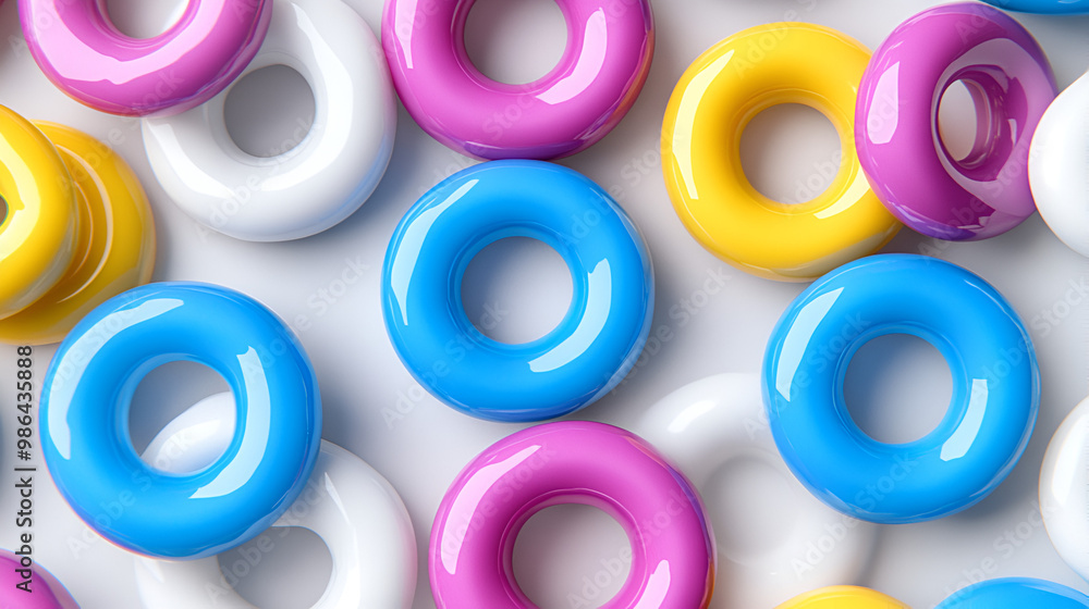 Poster colorful plastic donut-shaped objects scattered on a white surface creating an engaging and vibrant 
