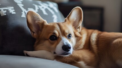 An adorable Corgidor dog with floppy ears and a wagging tail, lounging on a , showcasing its friendly expression