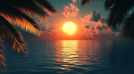 Palm tree leaves frame a vibrant sunset over the ocean.  The sun casts a warm glow on the water, creating a sense of tranquility.