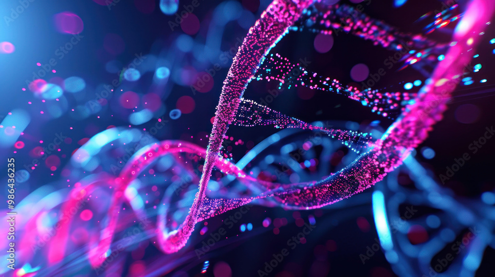 Poster vibrant representation of dna strands, showcasing intricate details and colorful particles that evok