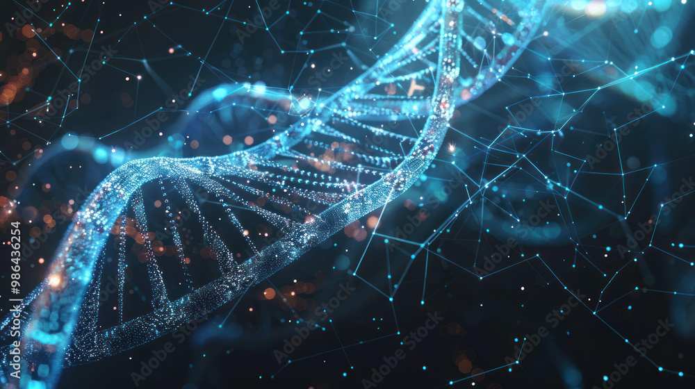 Poster stunning visualization of DNA double helix, showcasing intricate details and glowing connections. This image represents complexity of genetic structures and modern biotechnology