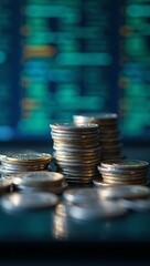 Close up of stacked silver coins with reflections against blurred computer code background