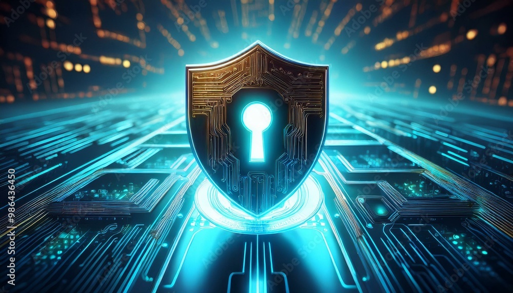 Poster a glowing shield with a keyhole sits on a digital circuit board, representing cybersecurity and data