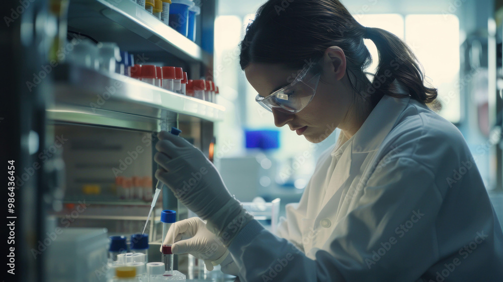 Poster focused scientist in lab coat conducts experiments with precision, using pipettes and various lab equipment. atmosphere is filled with sense of discovery and innovation