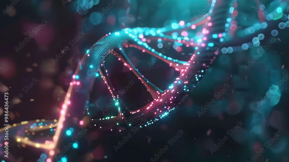 Leinwandbilder vibrant and colorful representation of DNA double helix, showcasing intricate details and glowing particles that create mesmerizing visual effect. This image captures essence of genetic science and