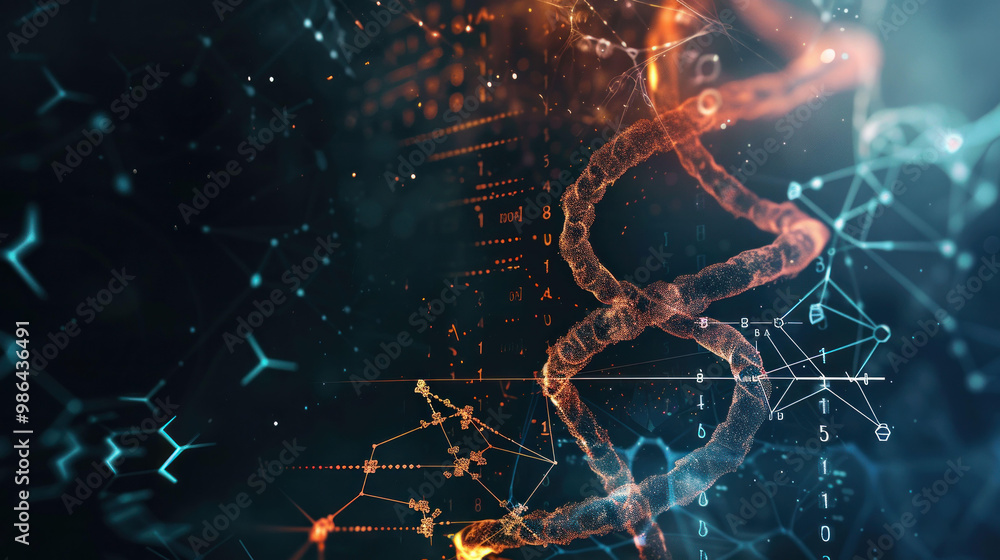 Aufkleber image showcases vibrant and intricate representation of DNA, highlighting its double helix structure amidst backdrop of digital elements and molecular patterns. This captivating visualization