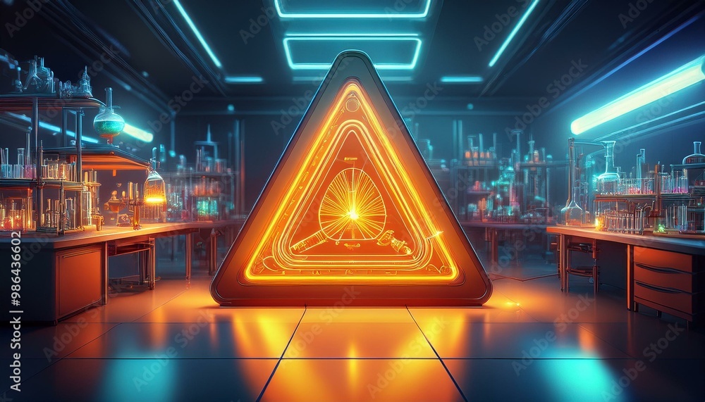 Poster a glowing warning triangle in a laboratory setting.
