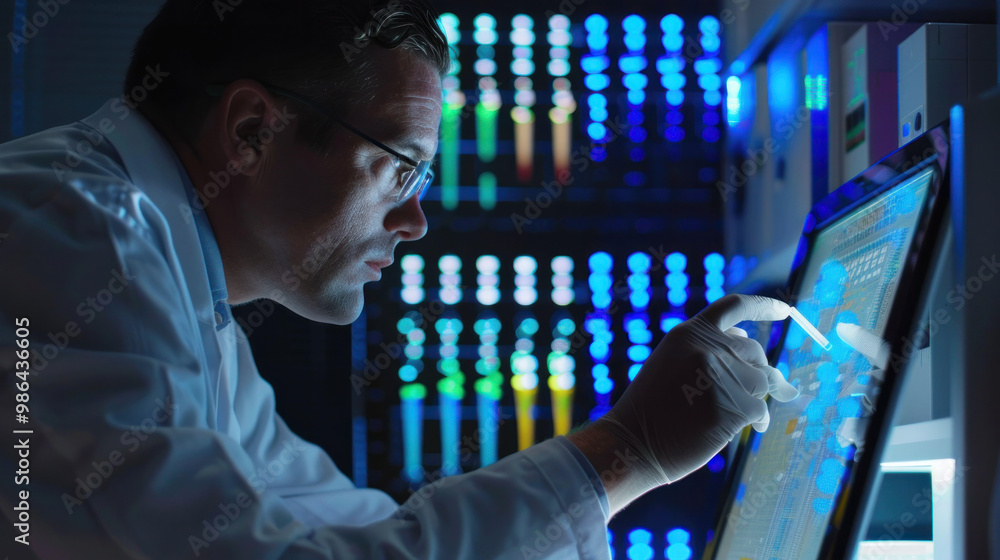 Poster focused scientist in lab coat analyzes data on touchscreen monitor, surrounded by colorful digital displays. atmosphere conveys sense of innovation and precision in scientific research