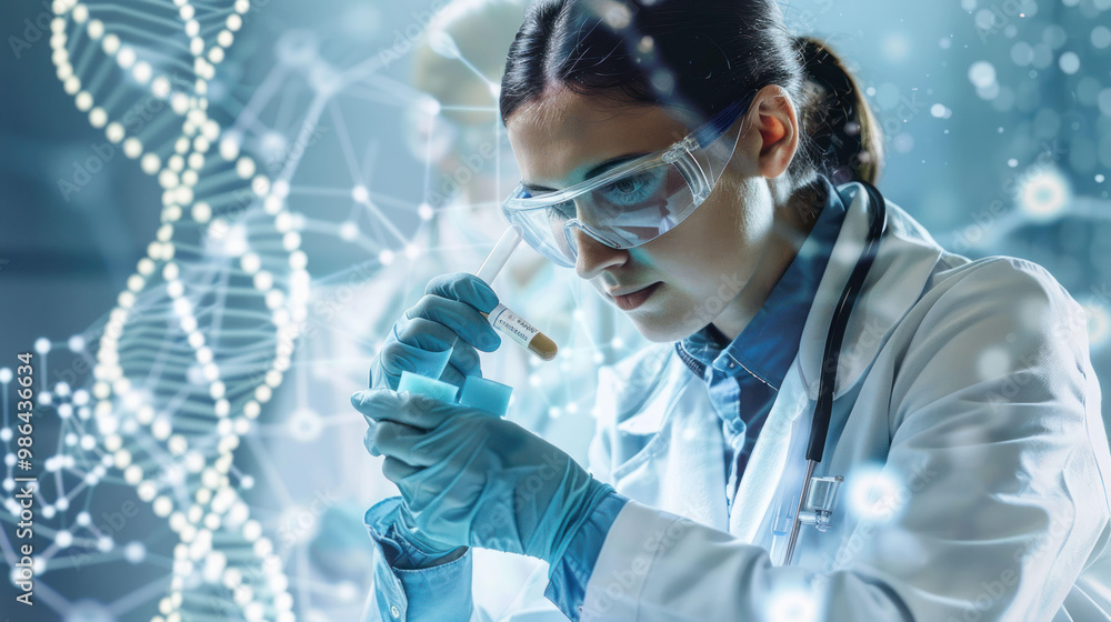 Poster focused scientist in lab coat examines sample in laboratory setting, showcasing advanced technology and DNA strands in background. atmosphere conveys sense of discovery and innovation