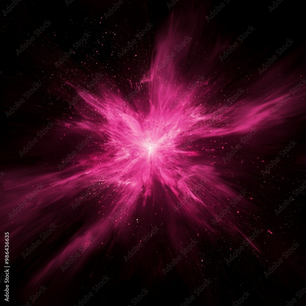 Poster powerful burst of pink particles radiates dynamically from a bright core, creating an energetic expl