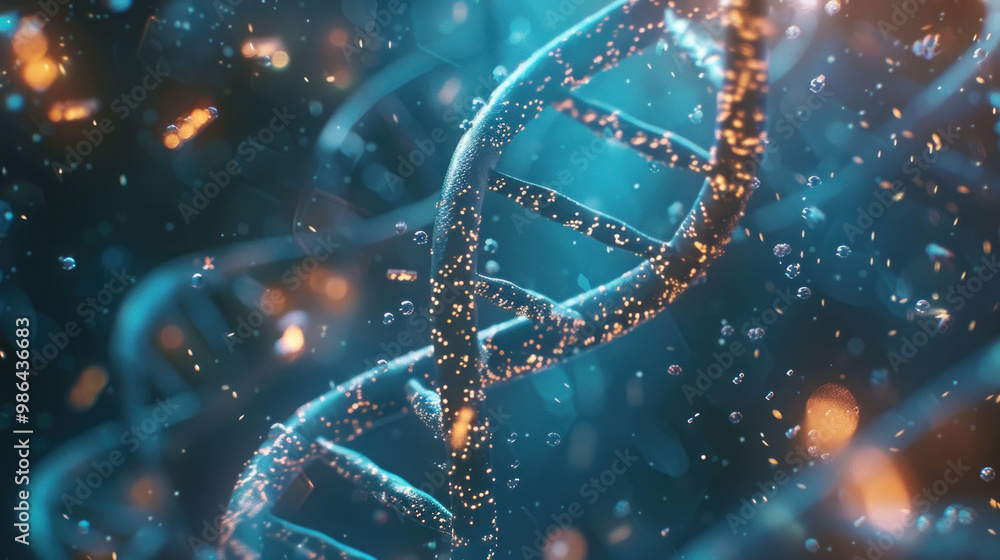 Poster stunning visualization of DNA double helix, surrounded by shimmering particles and bubbles, creating captivating and dynamic atmosphere. This image beautifully represents essence of life and genetic