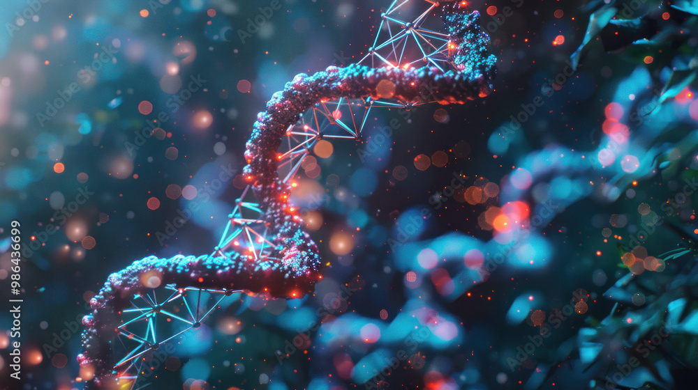 Leinwandbilder vibrant and intricate representation of DNA, showcasing its double helix structure with colorful molecular details and dreamy background filled with soft bokeh effects. This image captures essence of