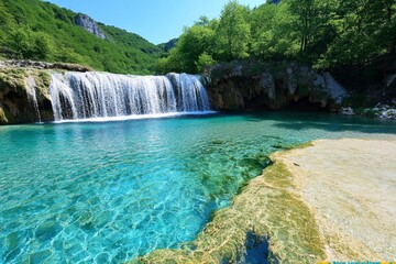 A cascading waterfall in a nature reserve, with crystal clear water and lush vegetation