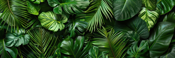 Lush green foliage creates vibrant and serene backdrop, showcasing variety of tropical leaves in different shapes and textures, evoking sense of tranquility and natures beauty