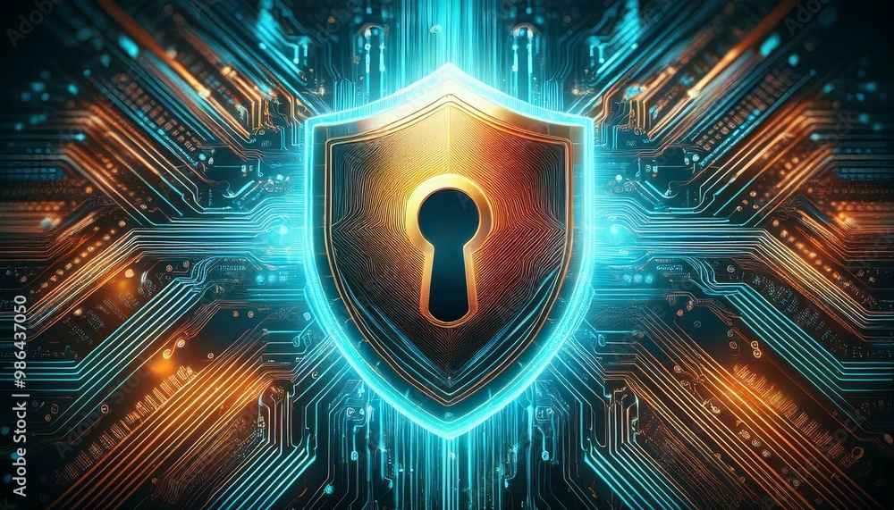 Aufkleber a glowing shield with a keyhole sits on a digital circuit board, representing cybersecurity and data