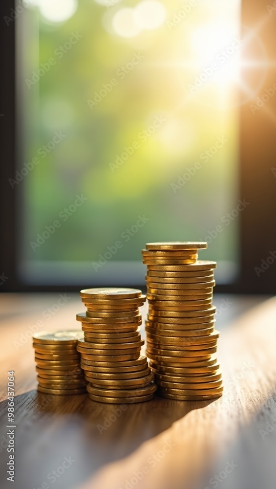 Poster Stack of shiny gold coins on wooden table in sunlight symbolizing financial growth