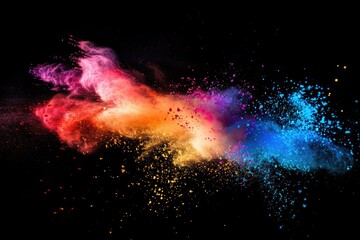 Colorful powder explosion on abstract background with glitter texture.