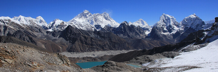 Mount Everest and Gokyo Valley seen from Renjo Pass, Nepal.